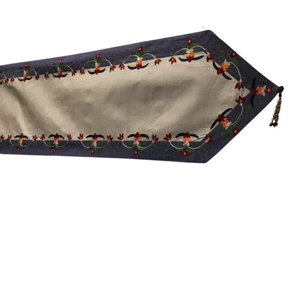 Pier One Imports Table Runner Floral Denim 14 x 72 Embroidered Beaded Tassels